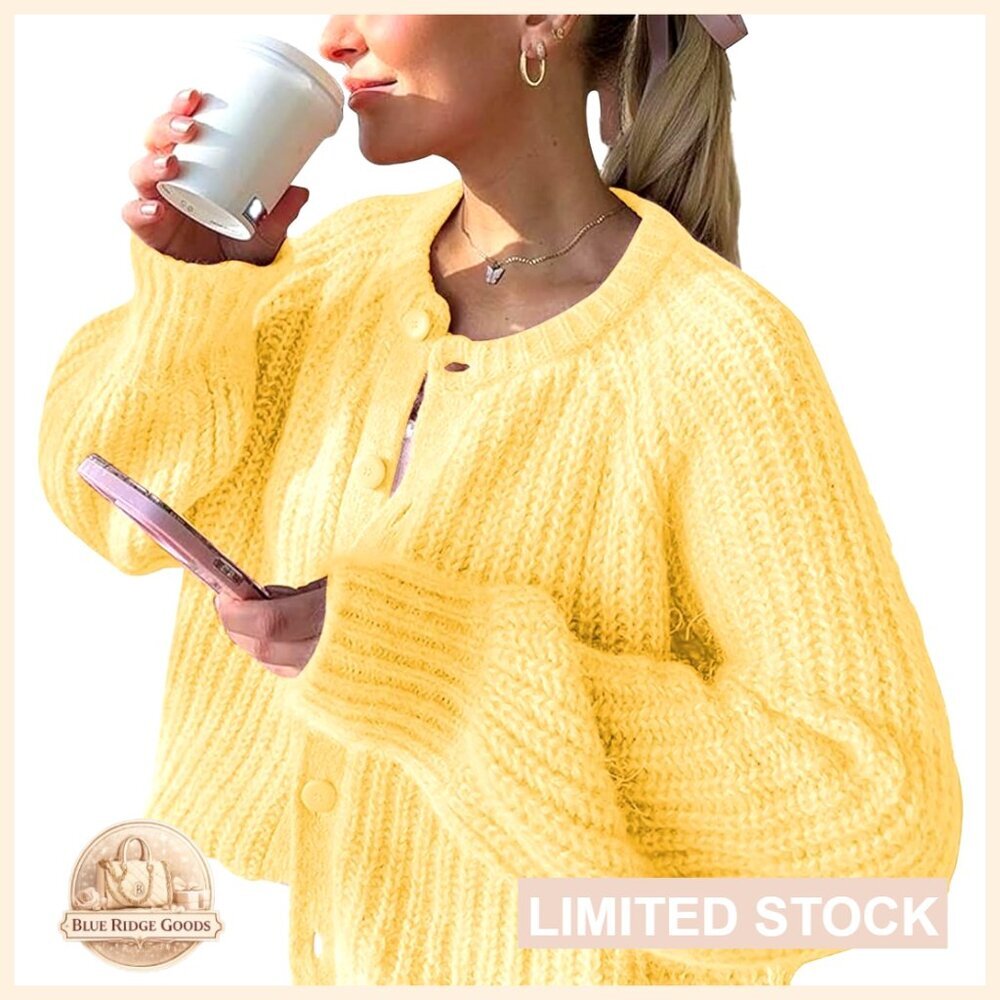 Chunky Knit Cardigan Long Sleeve Button Down Crewneck Fall Sweater Coat